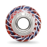 Sterling Silver Reflections Pink and White Weaved Glass With Blue Stripe Bead